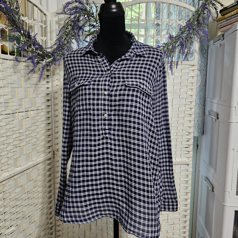 Gap Blue Plaid Half Button Up Pullover Top - image 2